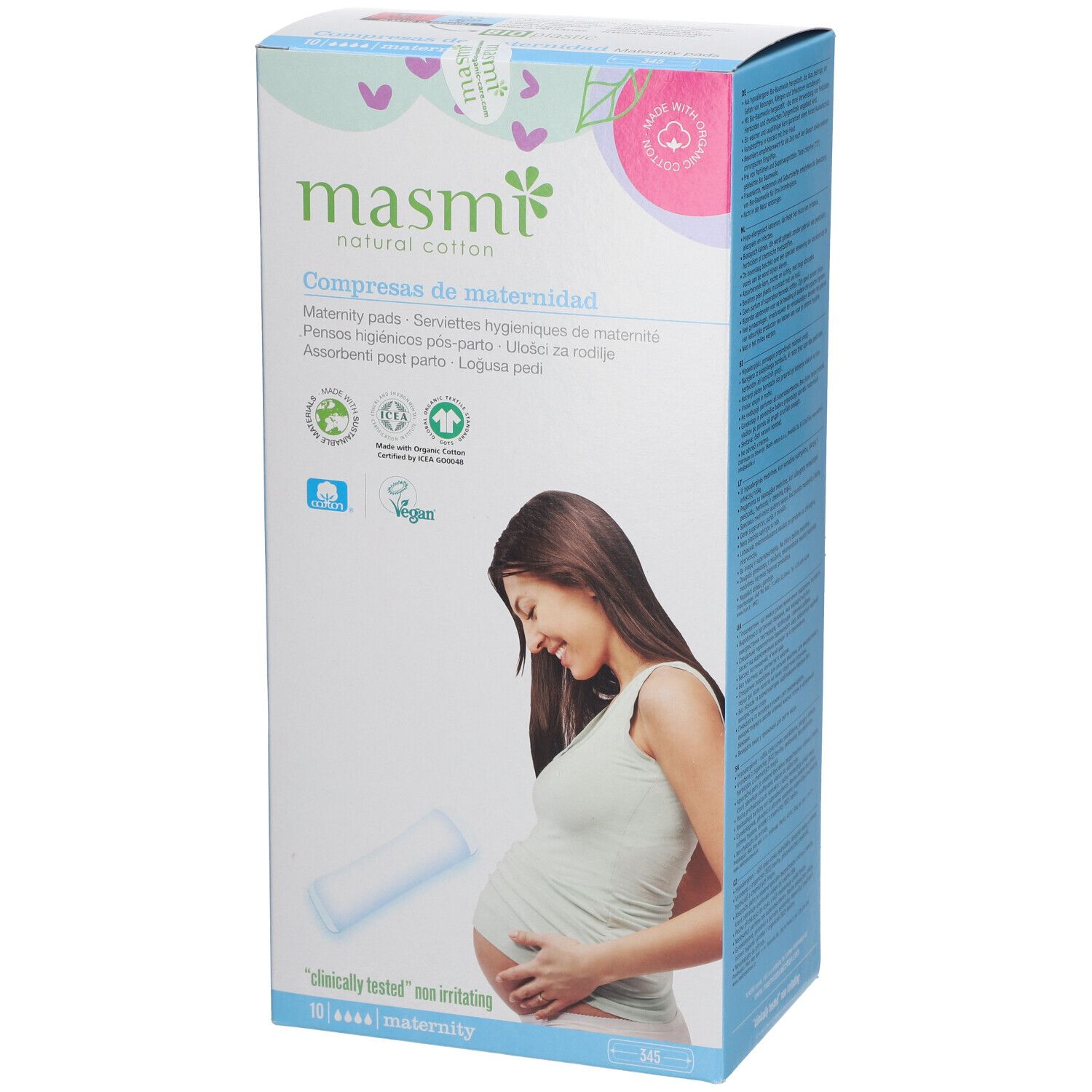 Verpakking van masmi kraamverband. Opschriften: 'natural cotton', 'Maternity pads', 'Vegan'. Illustratie van een zwangere vrouw.