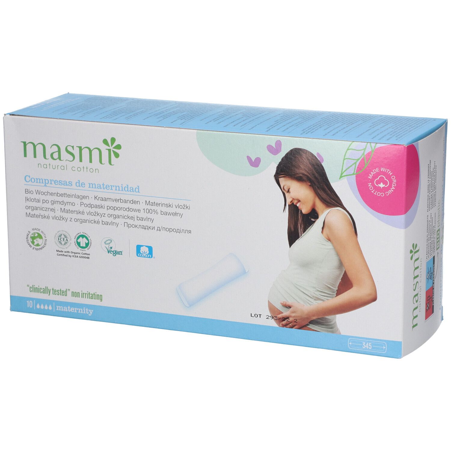 Verpakking van masmi kraamverband. Opschriften: 'natural cotton', 'Bio Wochenbetteinlagen', 'Vegan'. Illustratie van een zwangere vrouw.