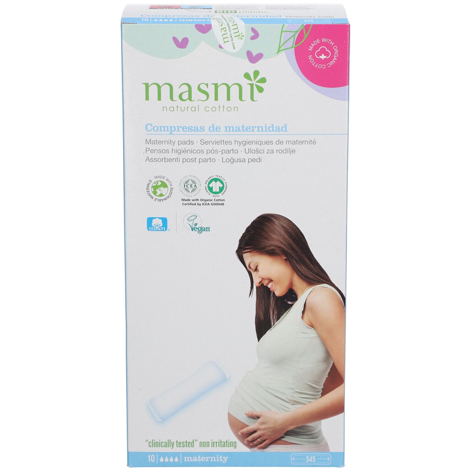 Verpakking van masmi kraamverband. Opschriften: 'natural cotton', 'Maternity pads', 'Vegan'. Illustratie van een zwangere vrouw.