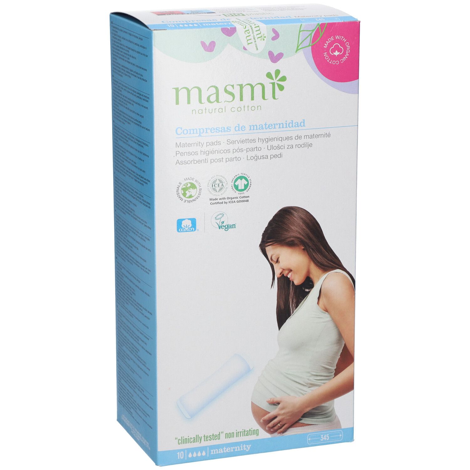 Verpakking van masmi kraamverband. Opschriften: 'natural cotton', 'Maternity pads', 'Vegan'. Illustratie van een zwangere vrouw.