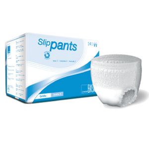 Slip-Pants Basis Taille 4, sous-vêtement jetable blanc, à côté de l'emballage. Emballage avec design bleu et nom du produit.