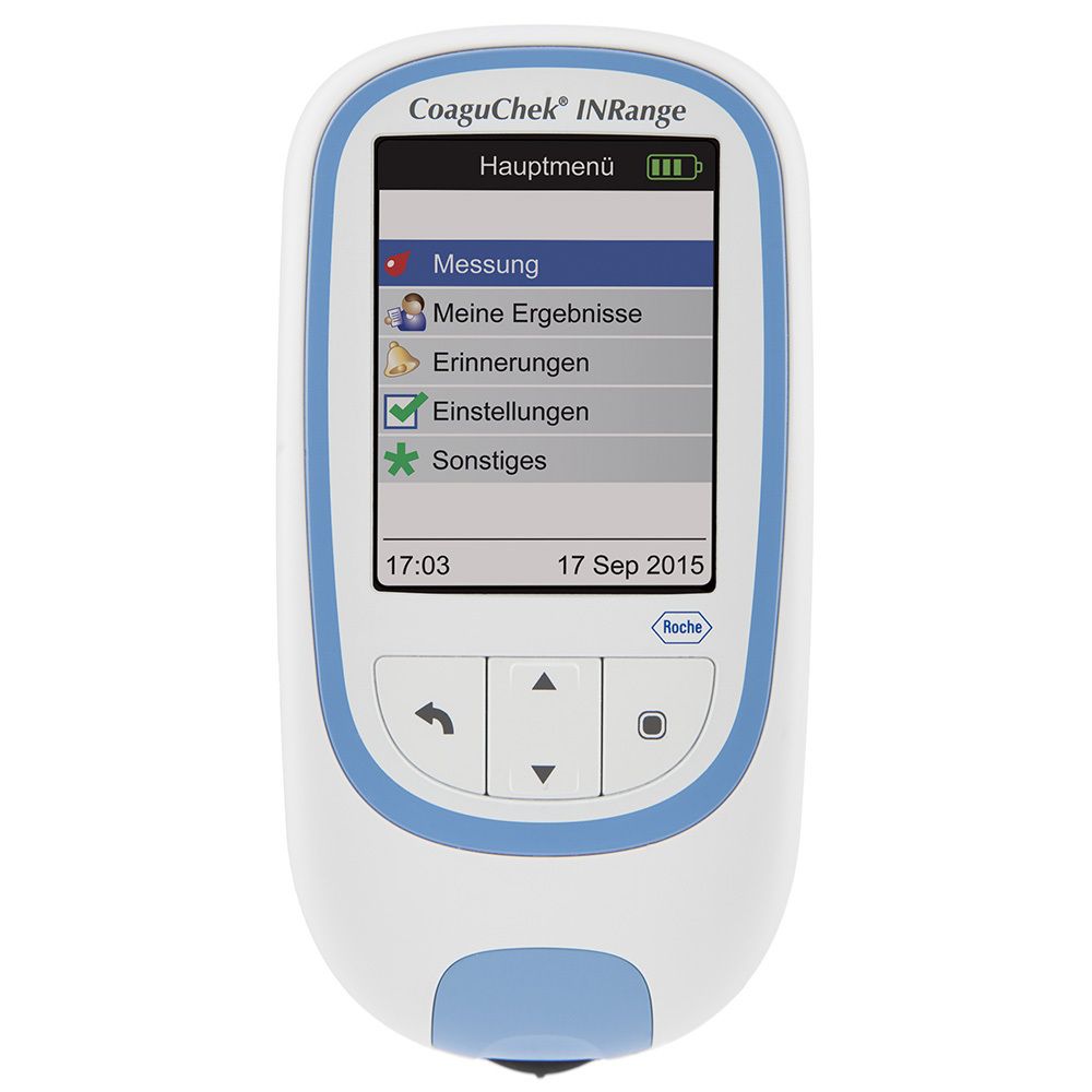 Appareil de mesure CoaguChek INRange avec écran couleur et menu.