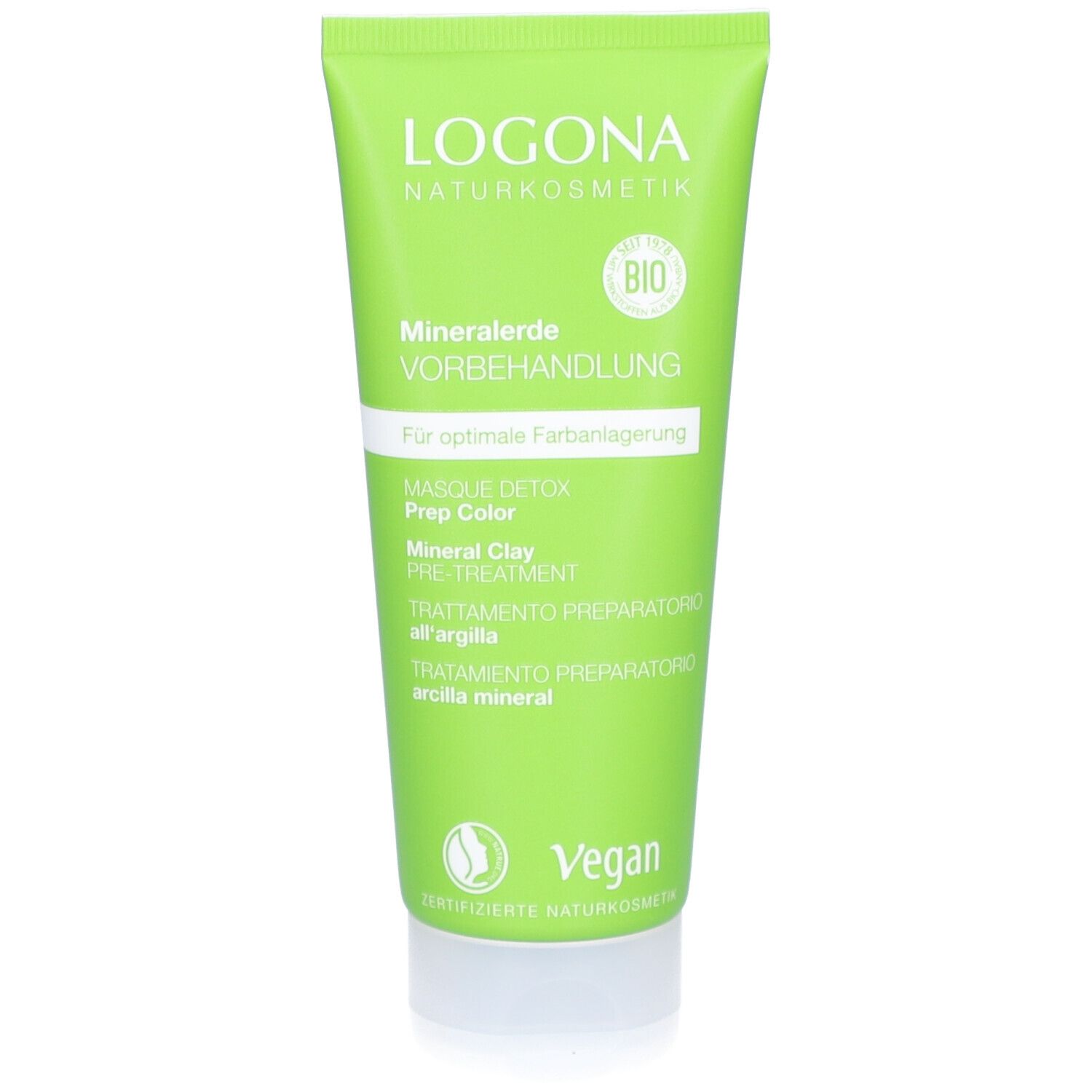 Tube verte. Inscription: Logona Naturkosmetik, Mineralerde Vorbehandlung, Masque Detox Prep Color. Label Vegan.