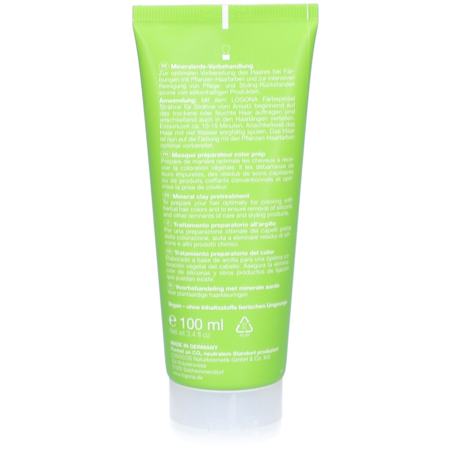 Dos du tube vert. Texte multilingue. Inscription: 100 ml. Label Vegan. Fabriqué en Allemagne.