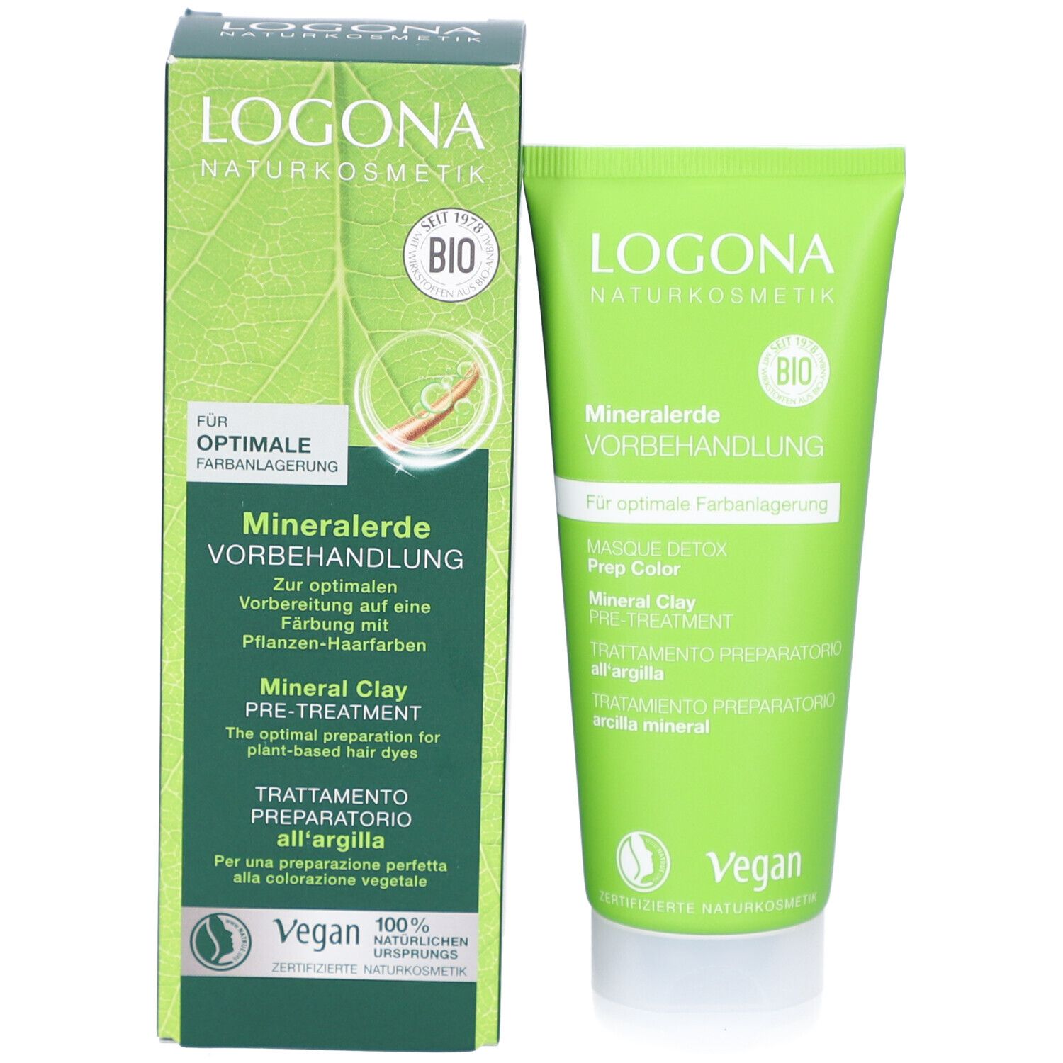 Produit et emballage. Tube et carton verts. Inscription: Logona, Mineralerde Vorbehandlung. Label Bio. Label Vegan.