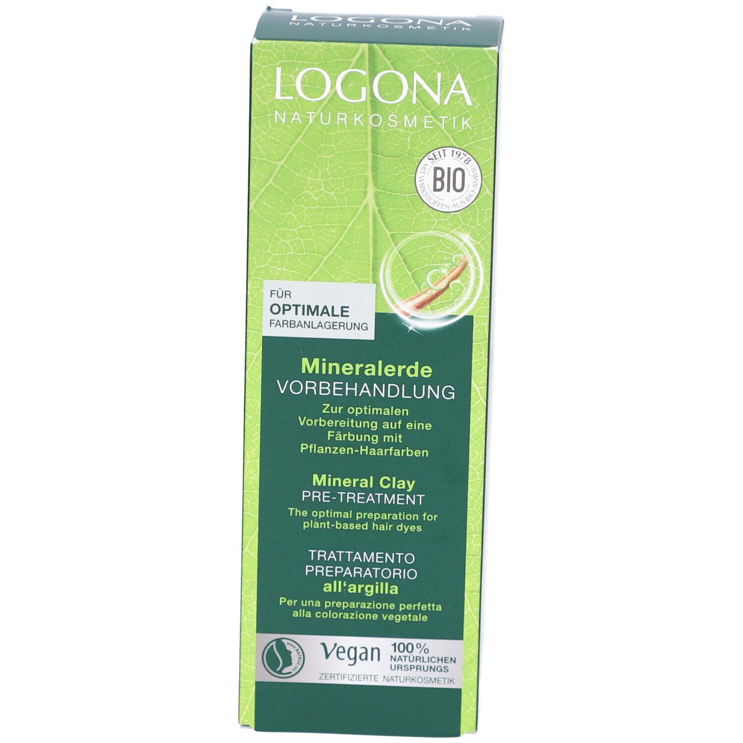 Emballage en carton. Inscription: Logona, Mineralerde Vorbehandlung. Label Bio. Label Vegan. Couleur verte.