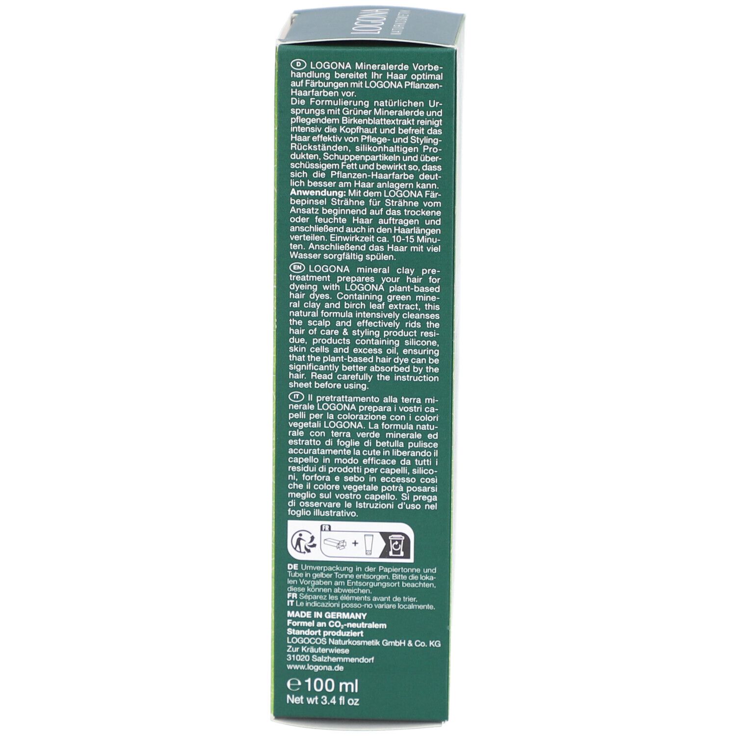 Vue latérale de l'emballage en carton. Texte multilingue. Inscription: Logona, 100 ml. Fabriqué en Allemagne.