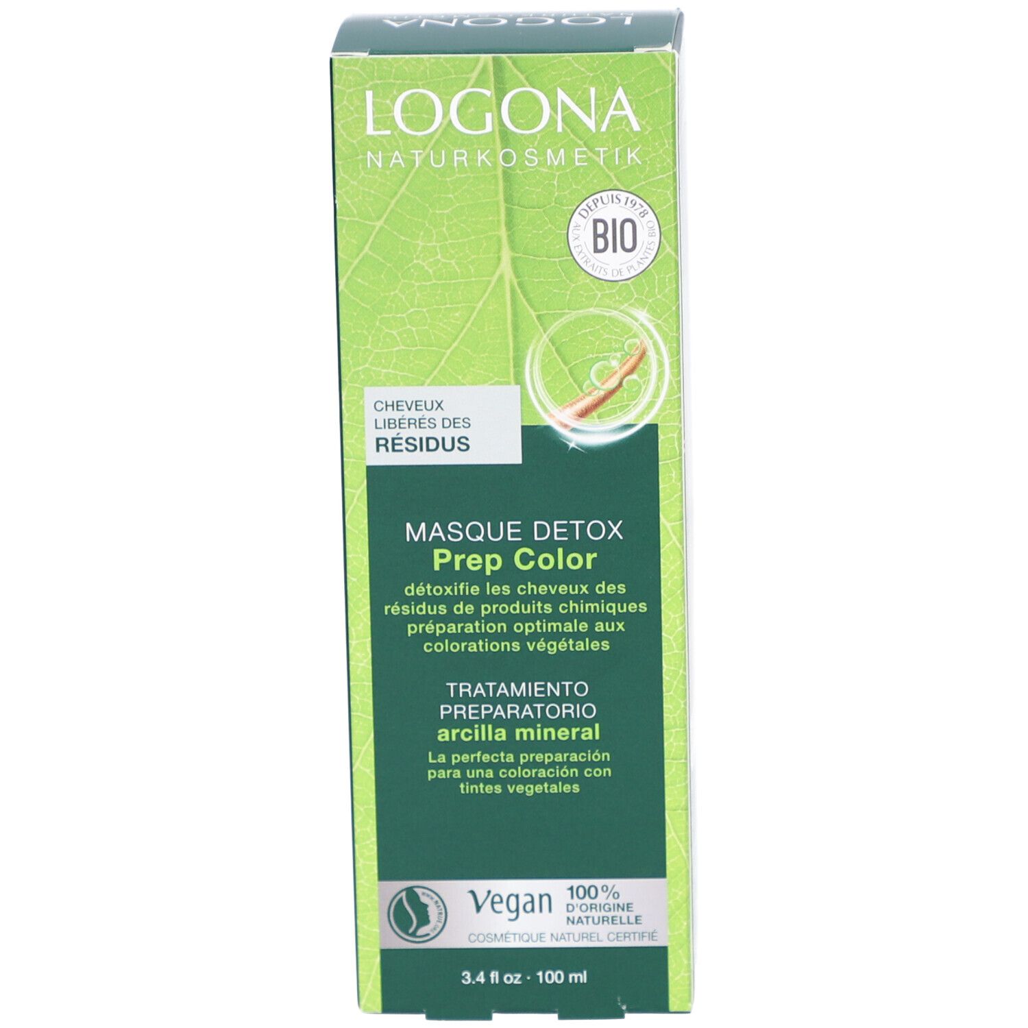 Face avant de l'emballage en carton. Inscription: Logona, Masque Detox Prep Color. Label Vegan. 100% d'origine naturelle.