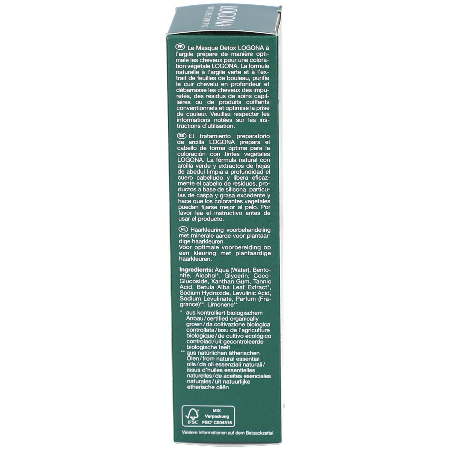 Dos de l'emballage en carton. Texte multilingue. Inscription: Logona. Ingrédients. Label Vegan.