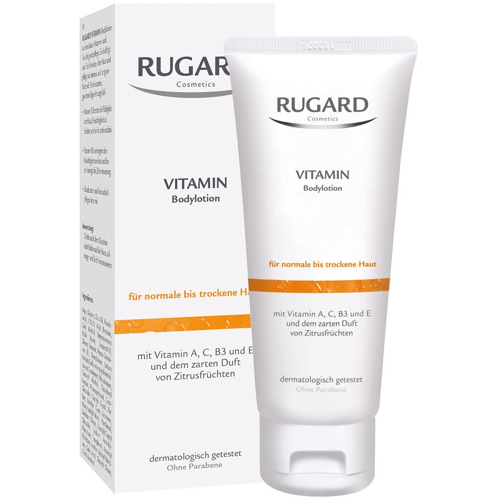 Witte tube en doos met opschrift RUGARD VITAMIN Bodylotion. Tekst: voor normale tot droge huid, dermatologisch getest.
