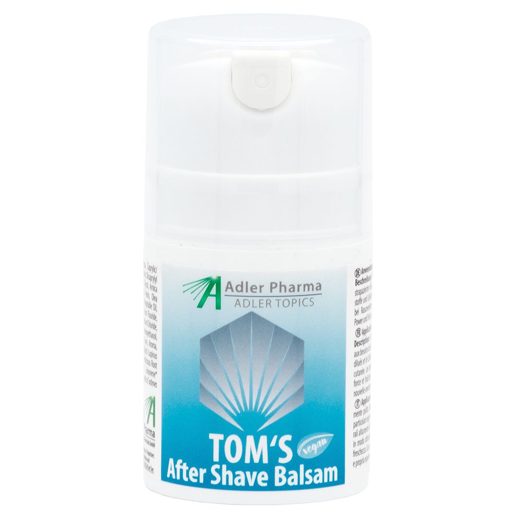 Flacon blanc avec étiquette TOM'S After Shave Balsam. Logo Adler Pharma. Couvercle transparent. Pompe.