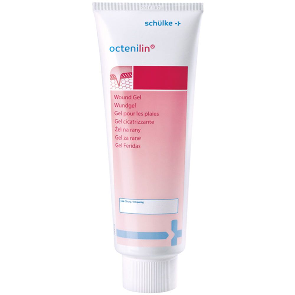 Tube Octenilin® Wundgel. Wit-roze kleurenschema. Productnaam en indicaties in meerdere talen.