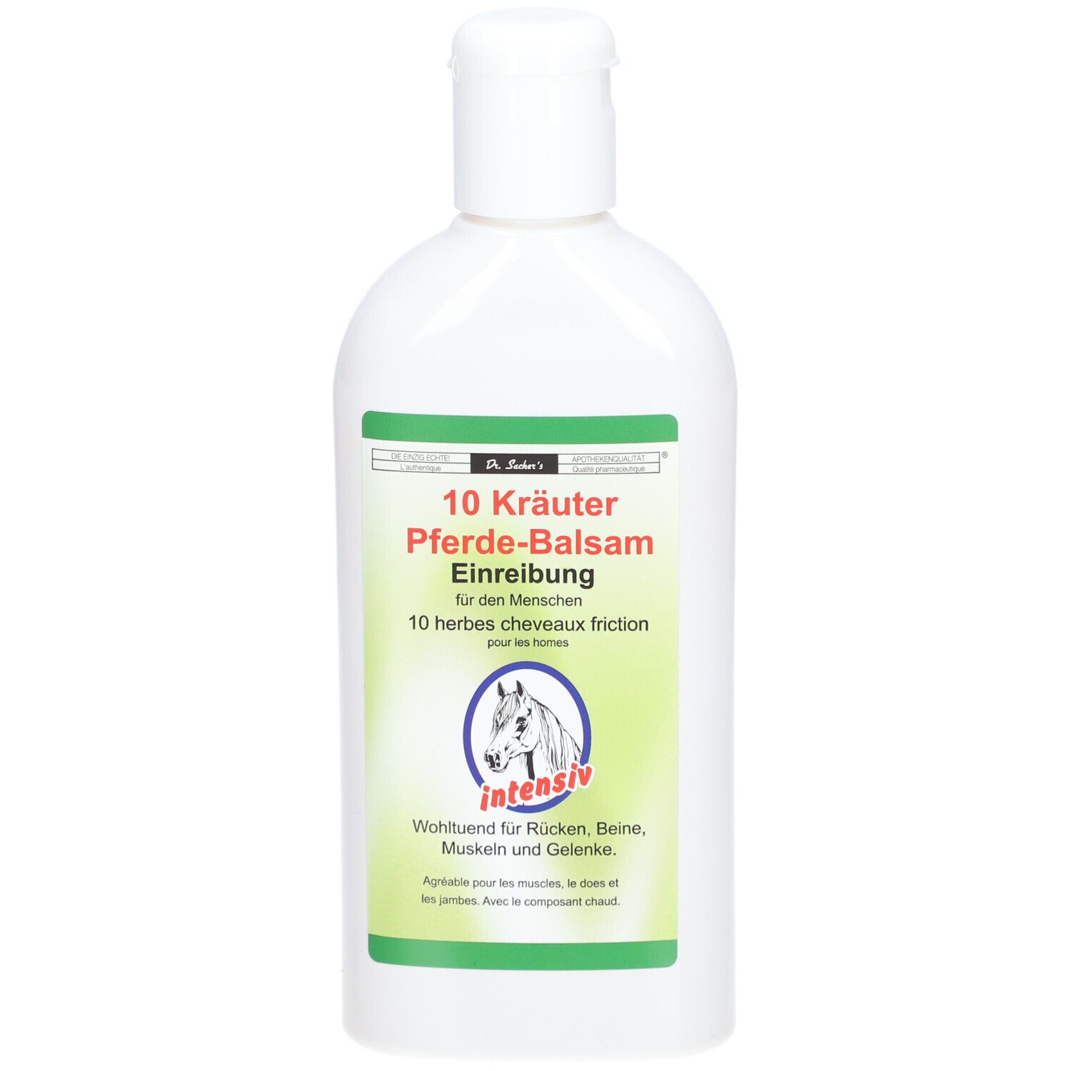 Flacon blanc avec étiquette verte. Texte: 10 Kräuter Pferdebalsam Einreibung intensiv. Logo: Cheval. Bouchon en haut.