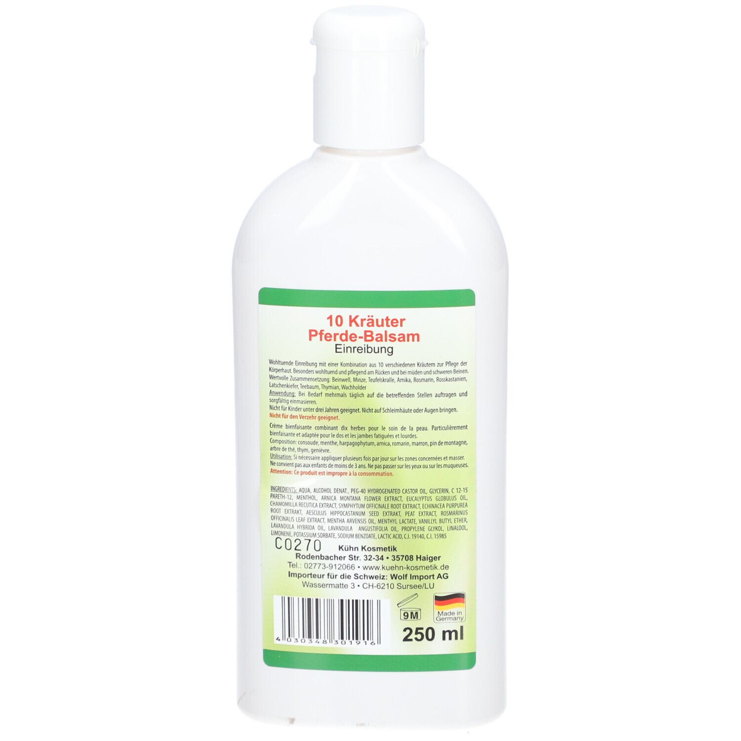 Dos du flacon blanc. Étiquette verte avec texte. En bas: 250 ml. Code-barres et autres informations.