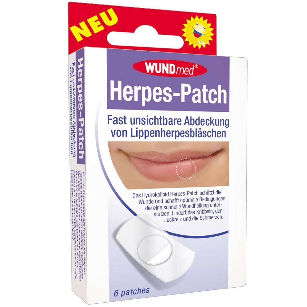 Verpakking van WUNDmed Herpes-Patch. Bevat 6 pleisters. Opschrift: "Vrijwel onzichtbare dekking van koortslipblaasjes".