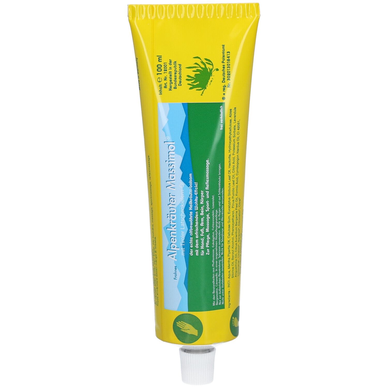 Tube jaune avec Alpenkräuter Massimol. Montagnes bleues et herbes vertes. Bouchon blanc.