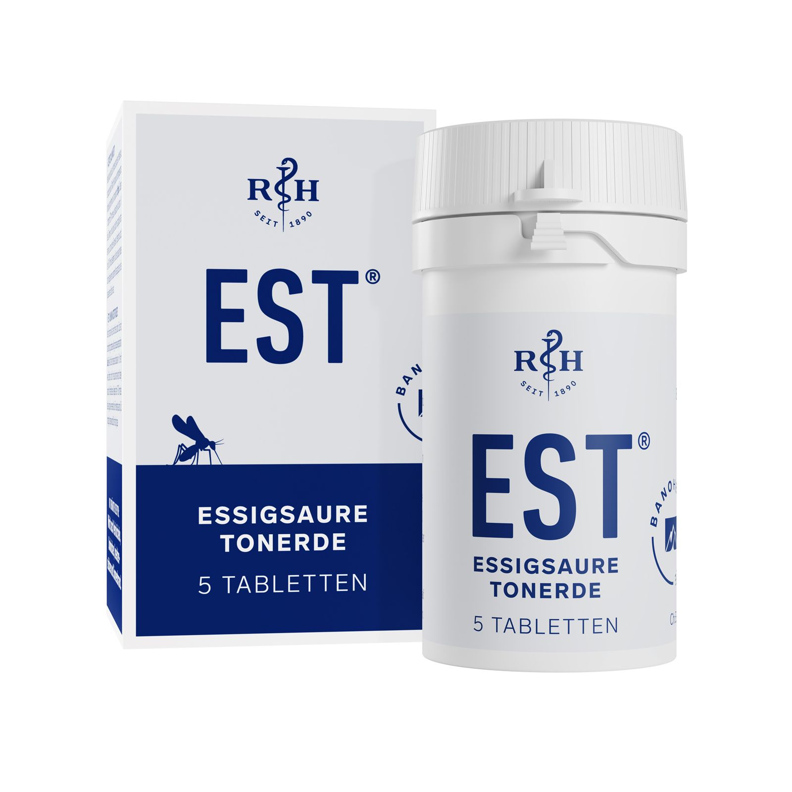 Witte tablettenbus en doos met de tekst EST Essigsaure Tonerde. 5 tabletten. Logo.