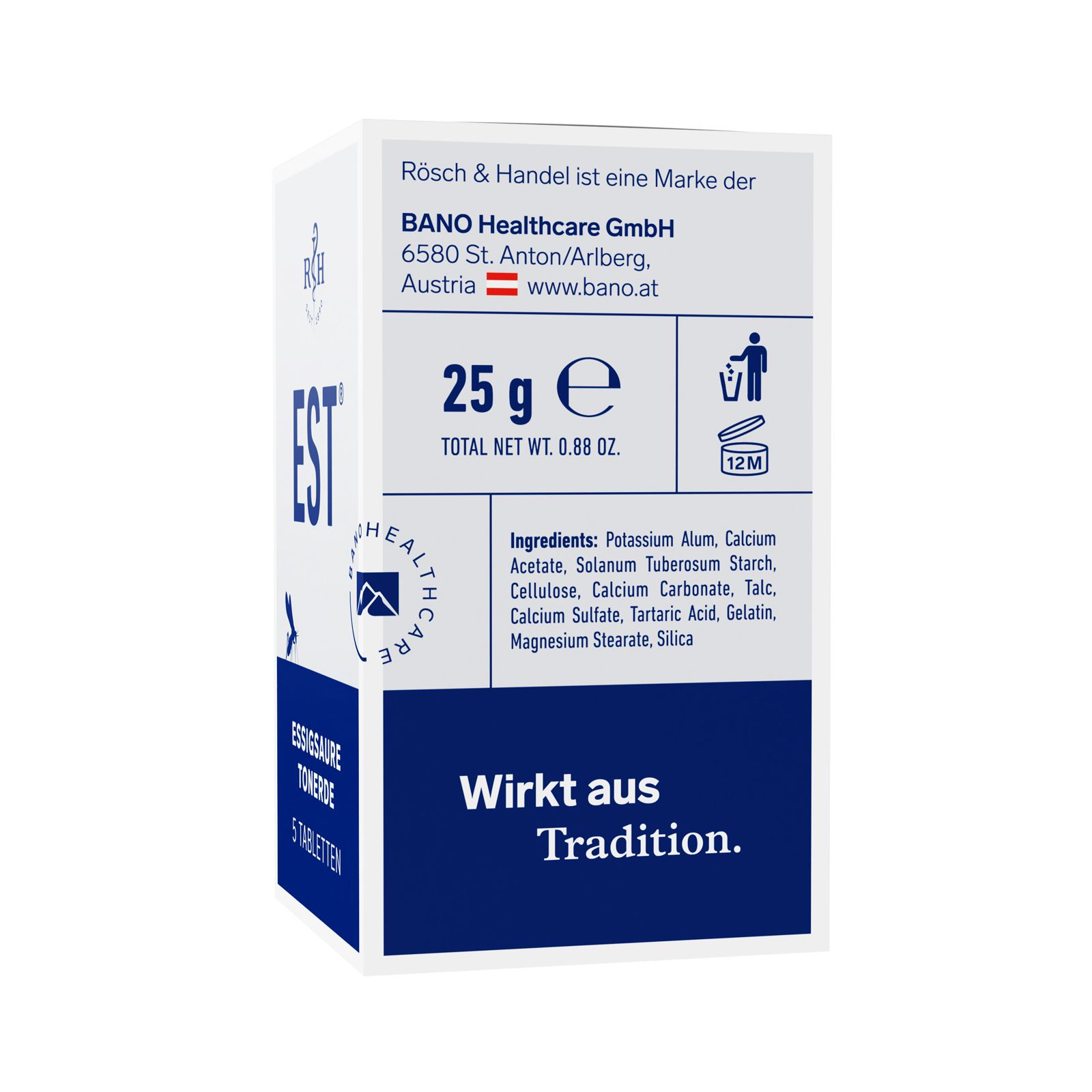 Achterkant van de doos met ingrediënten, fabrikantenadres en 25g gewicht. Tekst: Wirkt aus Tradition.