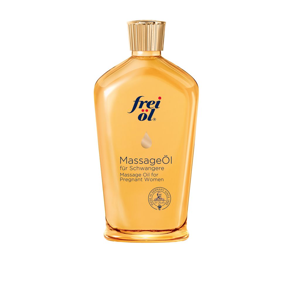 Flacon jaune de MassageÖl. Bouchon doré. Inscription : frei öl®. MassageÖl für Schwangere.