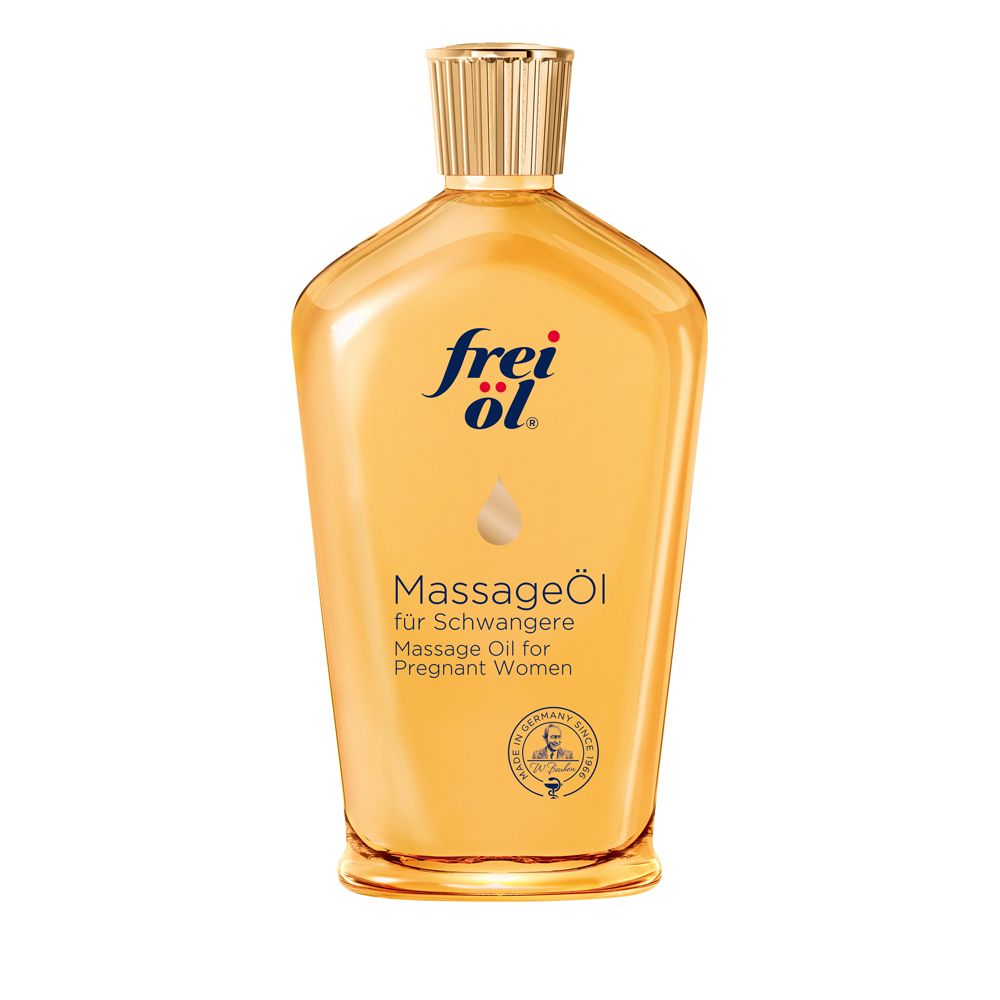 Gele fles massageolie. Gouden dop. Opschrift: frei öl®. Voor zwangere vrouwen.