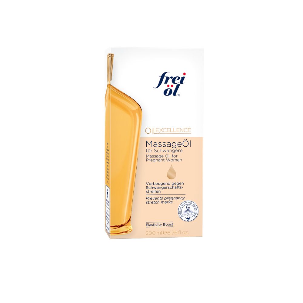 Witte verpakking massageolie. Opschrift: frei öl®. Voor zwangere vrouwen. Afbeelding van een vrouw.
