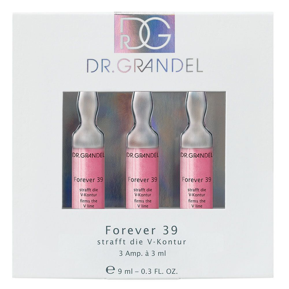 Emballage blanc avec trois ampoules. Inscription: DR. GRANDEL, Forever 39. Fenêtre transparente.