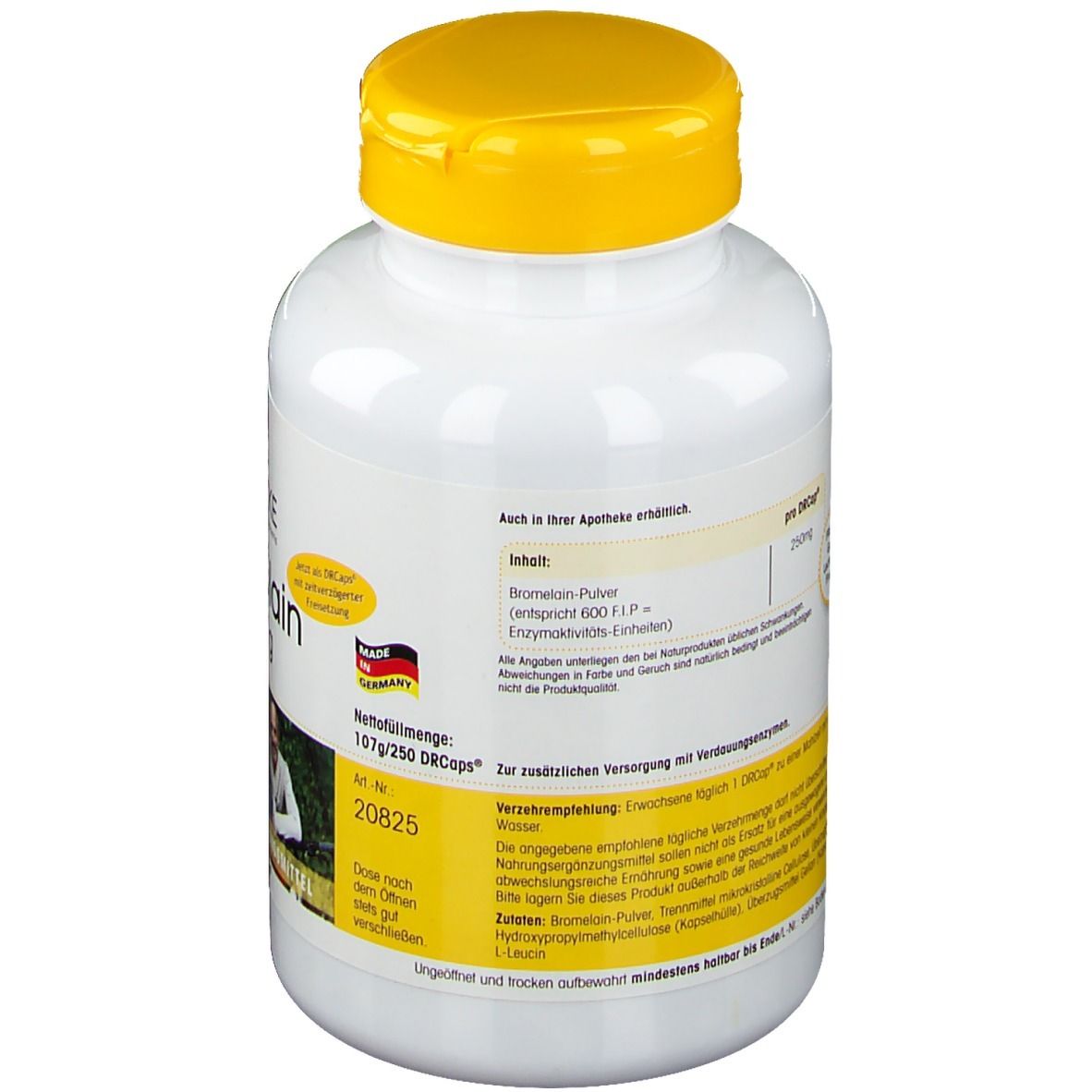 Dos du flacon blanc à bouchon jaune. Texte: Bromelain-Pulver. Poids net: 107g/250 DRcaps. Fabriqué en Allemagne.