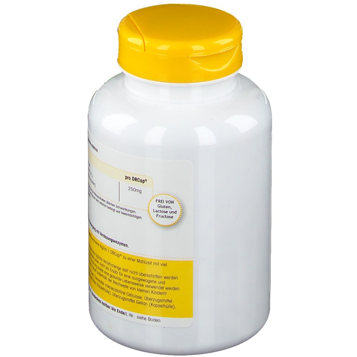 Flacon blanc à bouchon jaune. Inscription: Sans gluten, lactose et fructose. Texte: pro DRcaps 250mg.