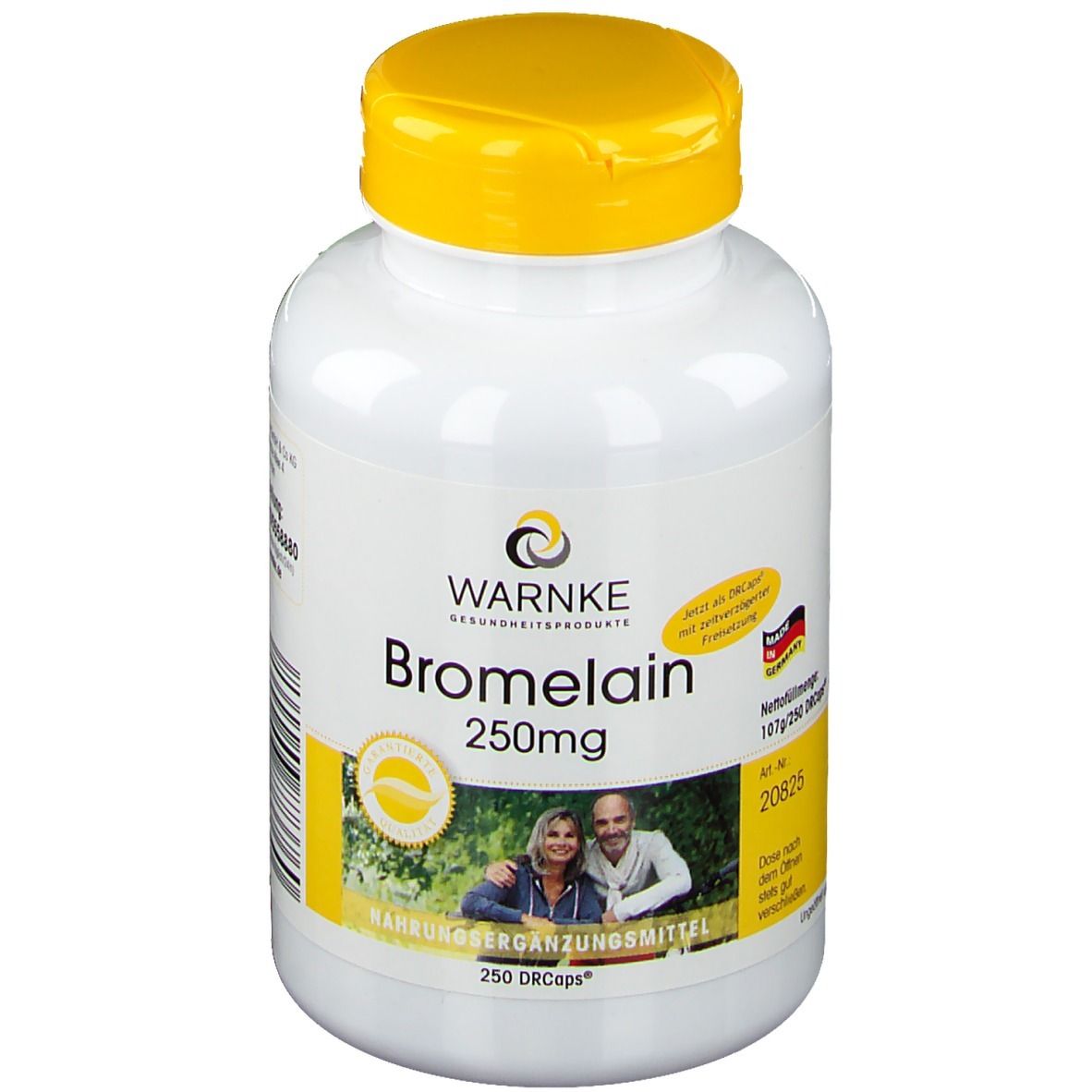 Flacon blanc à bouchon jaune. Inscription: Warnke Bromelain 250mg. Contient 250 DRcaps. Avec photo d'un couple.