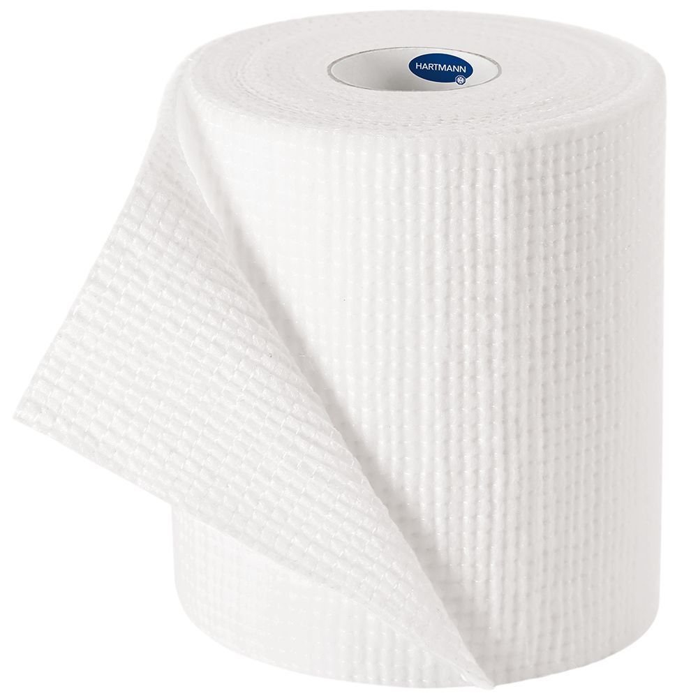 Witte compressieverband, opgerold. Merk Hartmann. Geweven structuur.