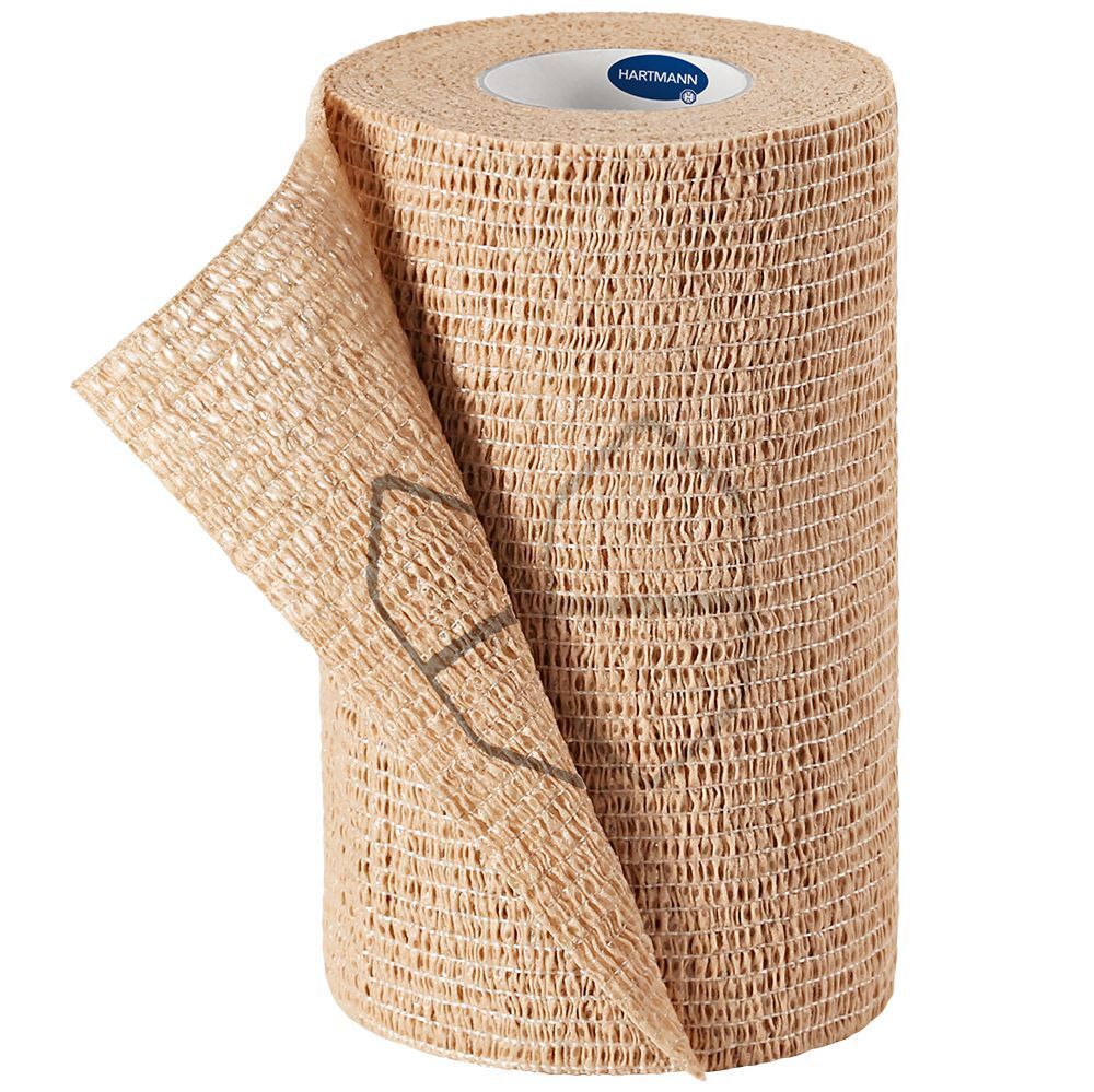 Beige compressieverband, opgerold. Merk Hartmann. Geweven structuur.