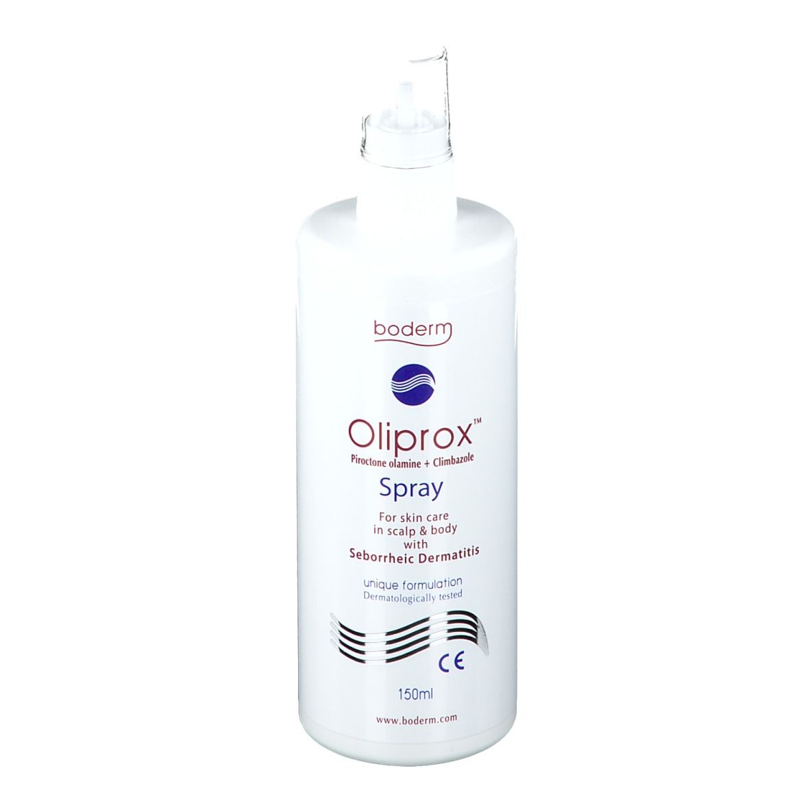 Flacon spray blanc Oliprox. Contient Piroctone olamine et Climbazole. Pour cuir chevelu et corps.