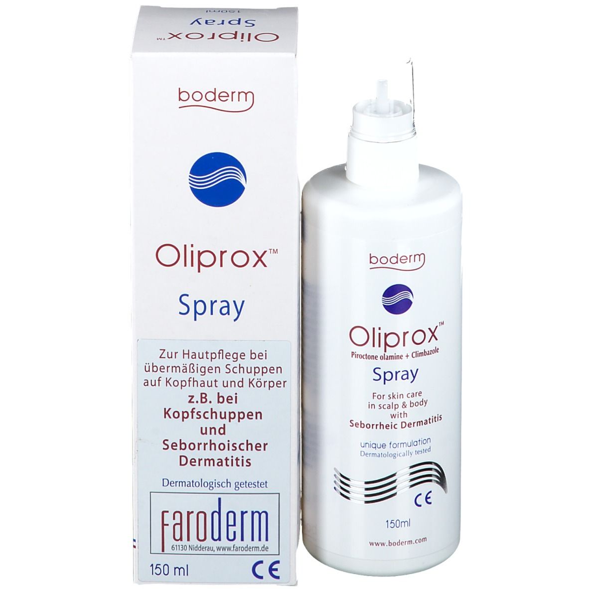 Oliprox Spray et emballage. Flacon et boîte blancs. Contient Piroctone olamine et Climbazole.