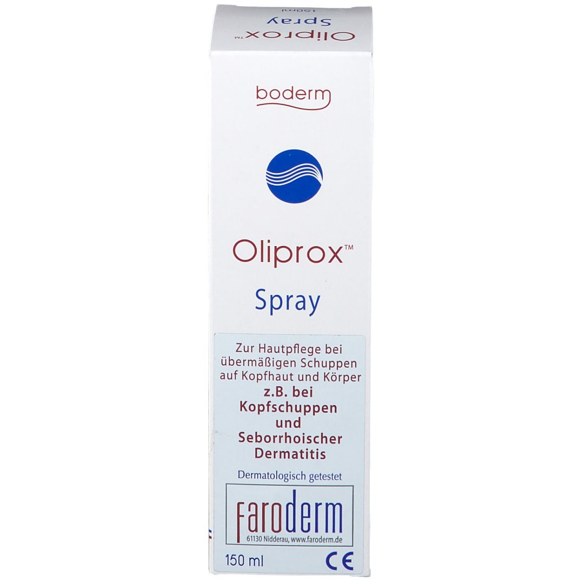 Emballage Oliprox Spray. Boîte blanche avec informations produit. Testé dermatologiquement.