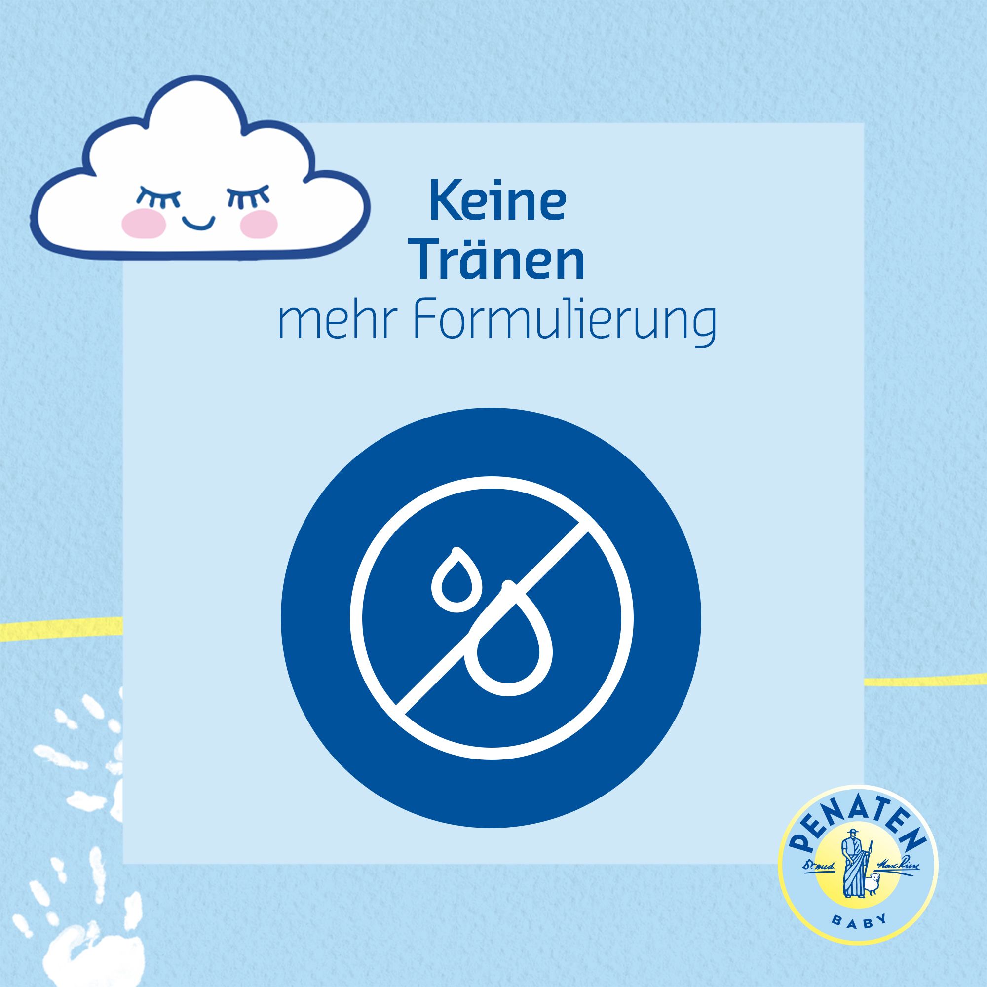 Fond bleu avec cercle blanc et symbole goutte. Texte : "Formule sans larmes". Logo PENATEN BABY.