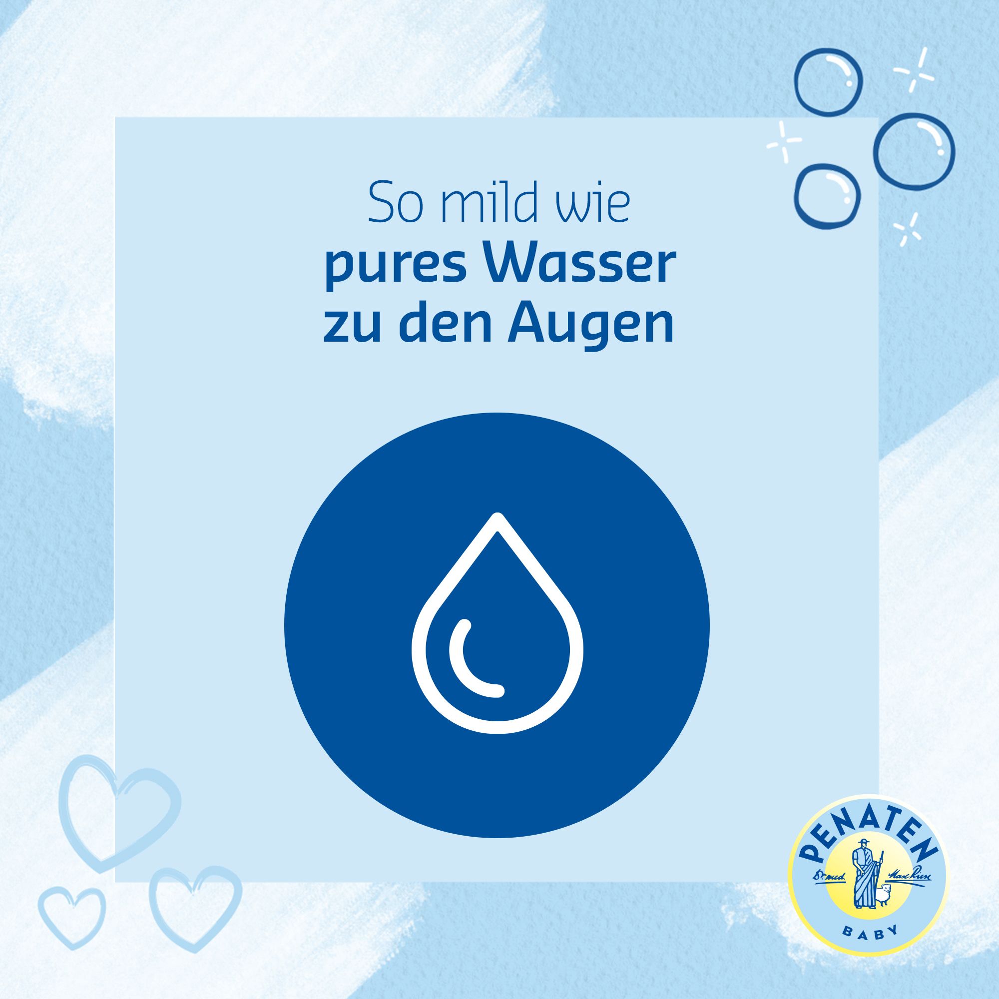 Fond bleu avec symbole goutte dans un cercle. Texte : "Aussi doux que l'eau pure pour les yeux". Logo PENATEN BABY.