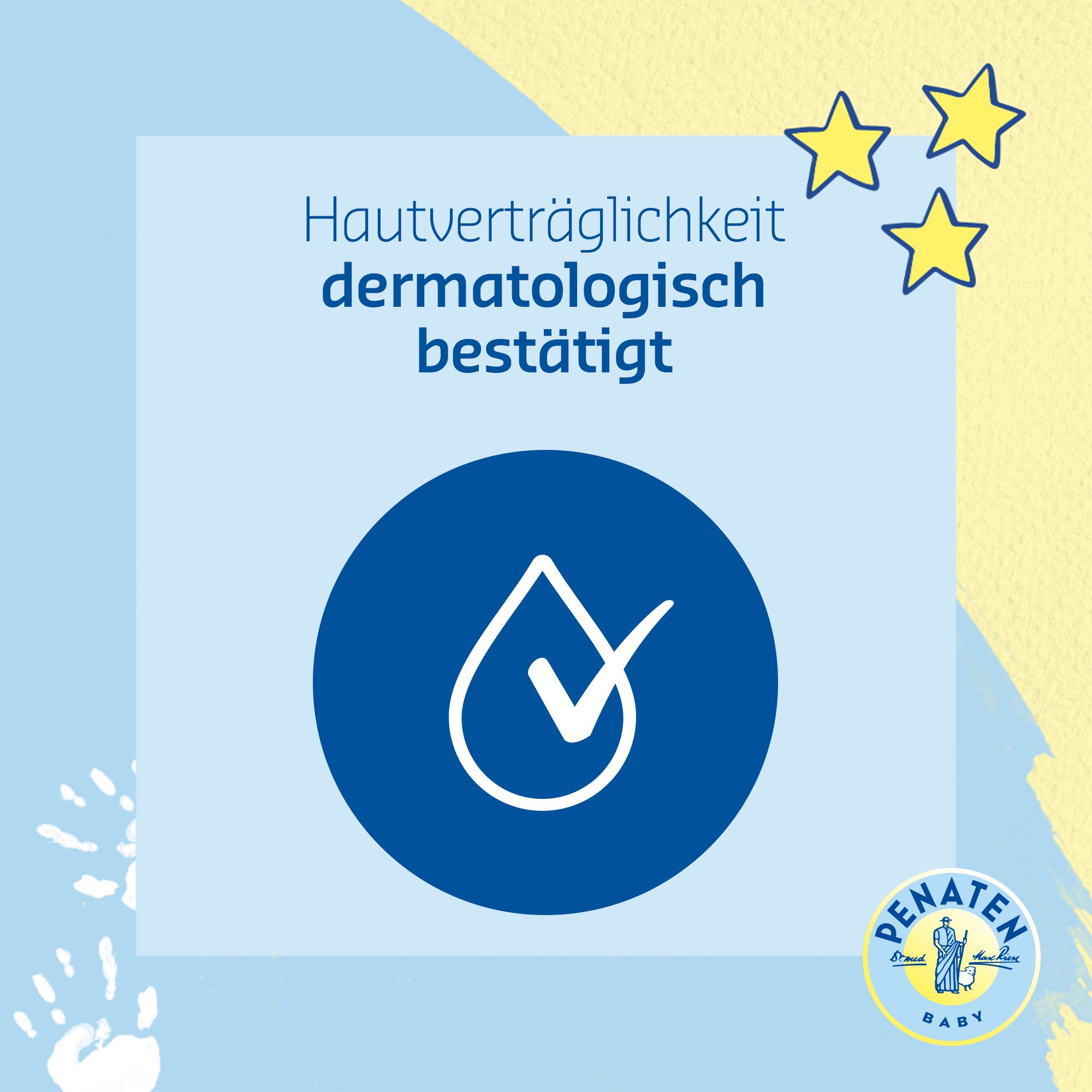 Fond bleu avec symbole goutte avec coche dans un cercle. Texte : "Tolérance cutanée testée dermatologiquement".