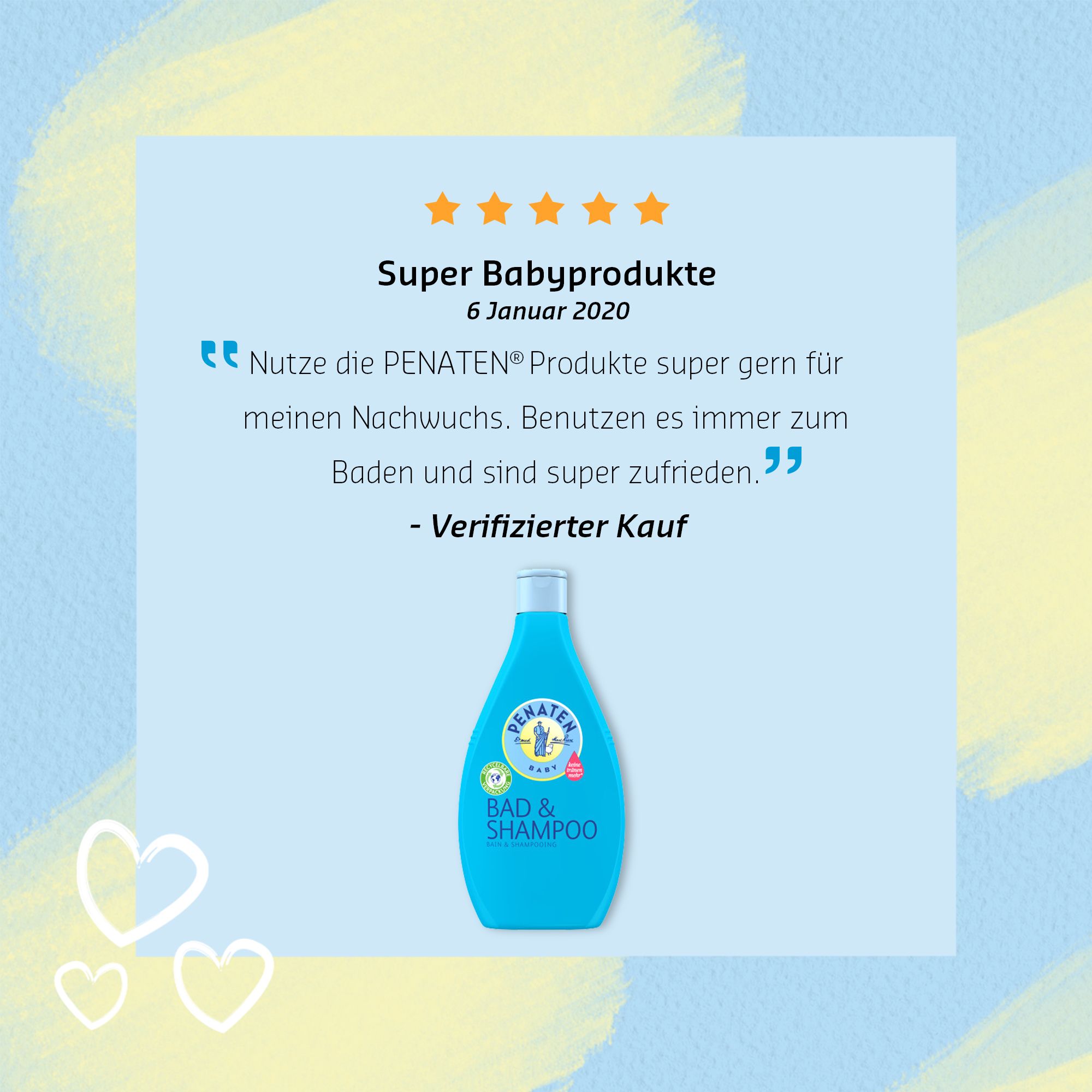 Flacon bleu clair PENATEN BABY Bain & Shampooing. Citation : "J'utilise très volontiers les produits PENATEN pour mes enfants".
