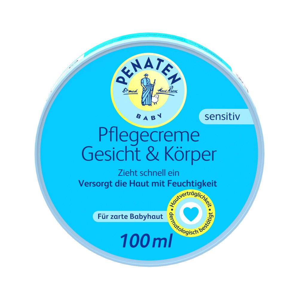 Boîte bleue avec couvercle. Inscription : PENATEN BABY Crème visage et corps. Testé dermatologiquement.