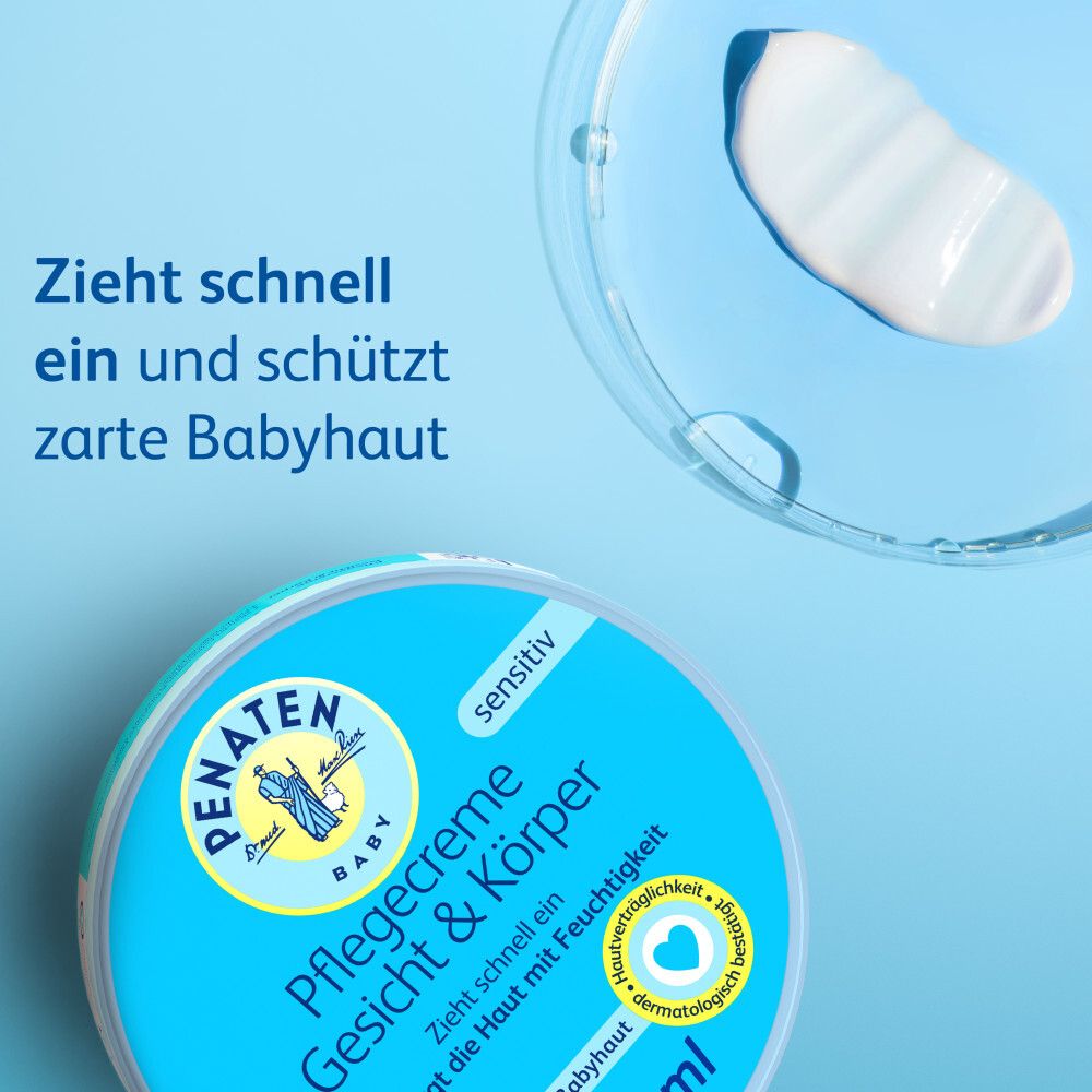 Crème sur plaque de verre et boîte. Inscription : PENATEN BABY Crème visage et corps. Testé dermatologiquement.