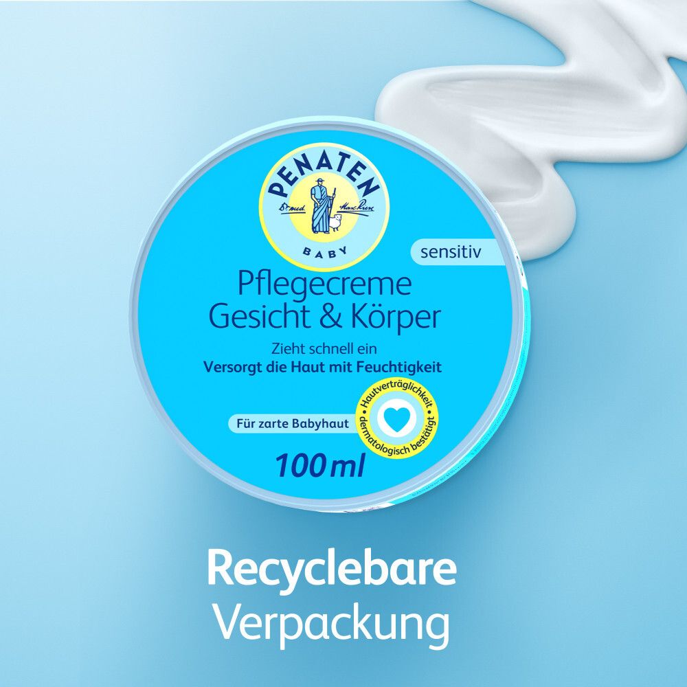 Boîte avec crème et texte : Emballage recyclable. Inscription : PENATEN BABY Crème visage et corps.