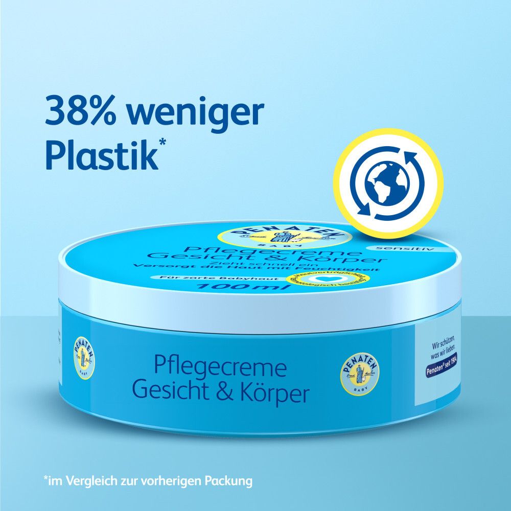 Boîte avec texte : 38% moins de plastique. Inscription : PENATEN BABY Crème visage et corps. Symbole du globe.