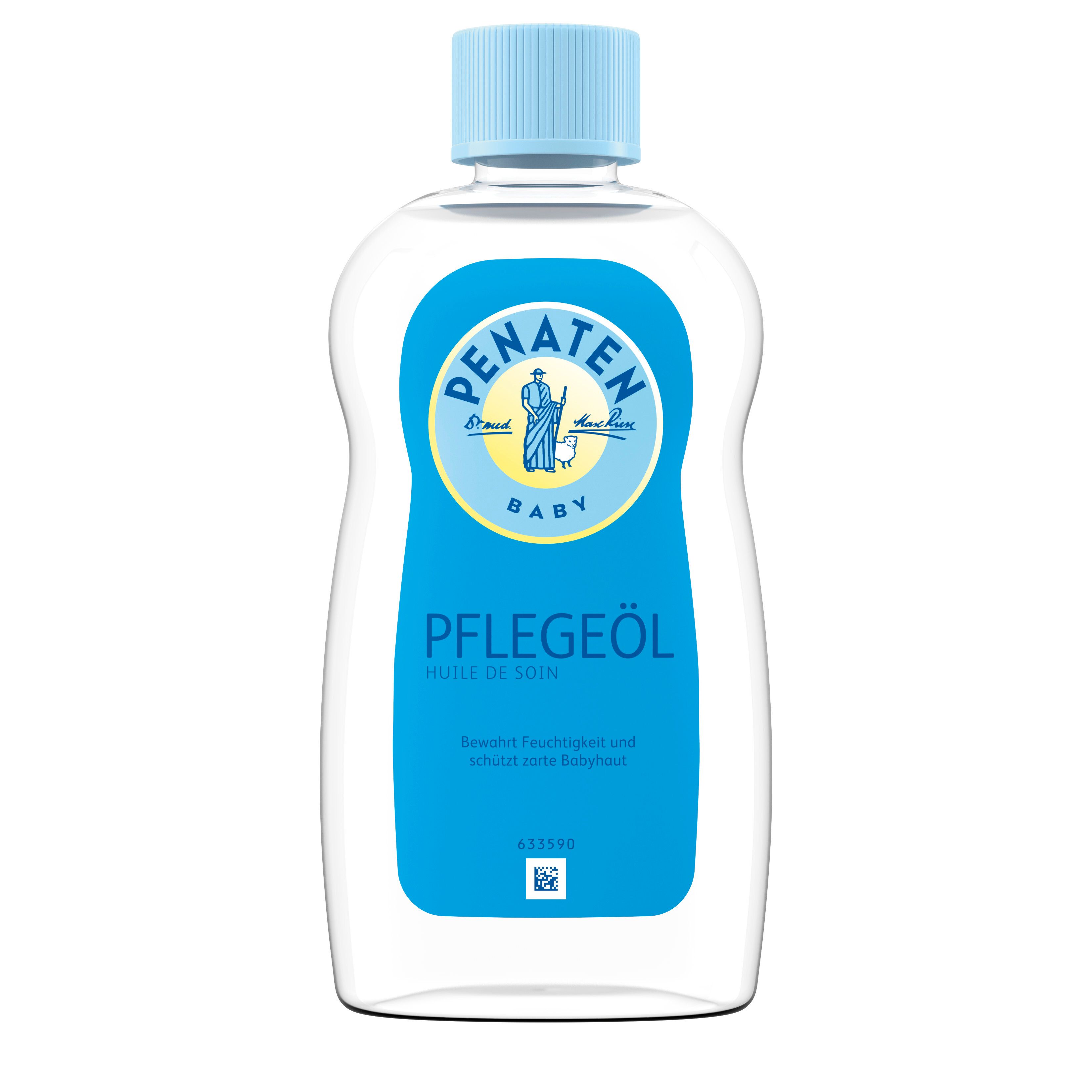 Flacon transparent avec bouchon bleu. Étiquette bleue avec logo et texte 'PFLEGEÖL'.