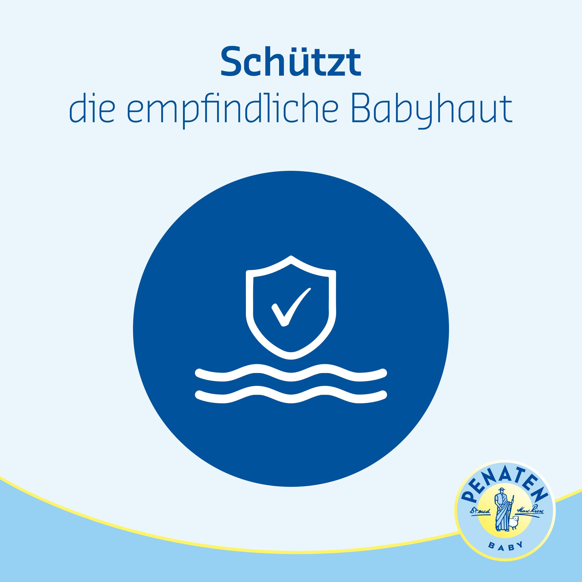 Cercle bleu avec symbole de bouclier blanc et texte : 'Schützt die empfindliche Babyhaut'. Logo en bas à droite.