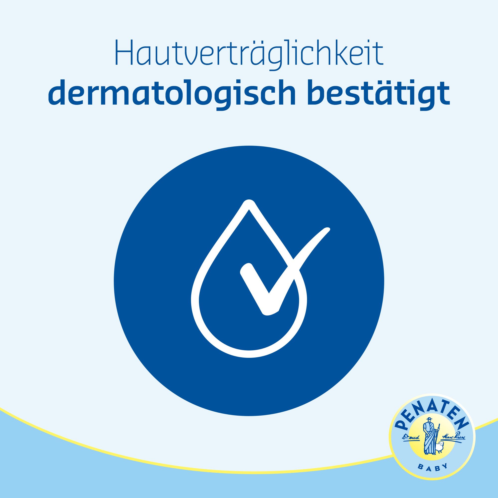 Cercle bleu avec symbole de goutte et texte : 'Hautverträglichkeit dermatologisch bestätigt'. Logo en bas à droite.