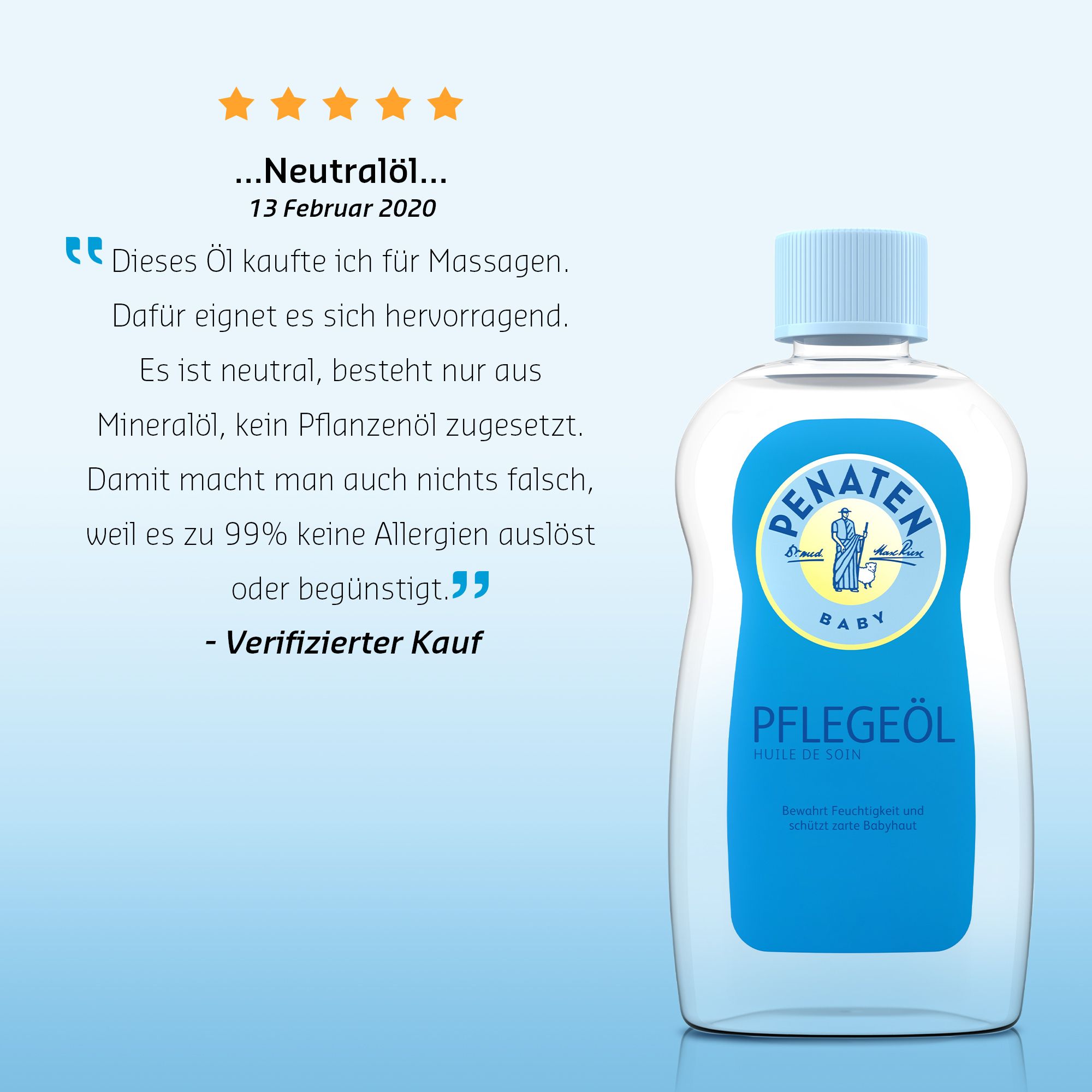 Flacon avec étiquette bleue et texte. Citation : 'Dieses Öl kaufe ich für Massagen.' Évaluation par étoiles. Achat vérifié.