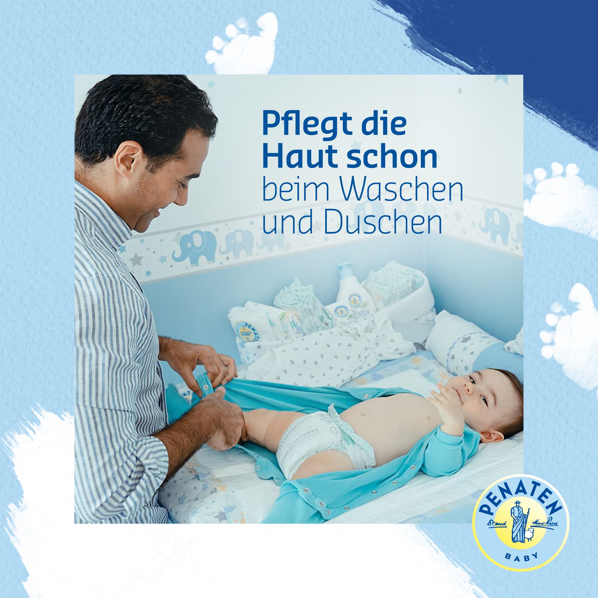 Un homme change un bébé. Texte : Soigne la peau pendant le bain et la douche. Logo PENATEN BABY.
