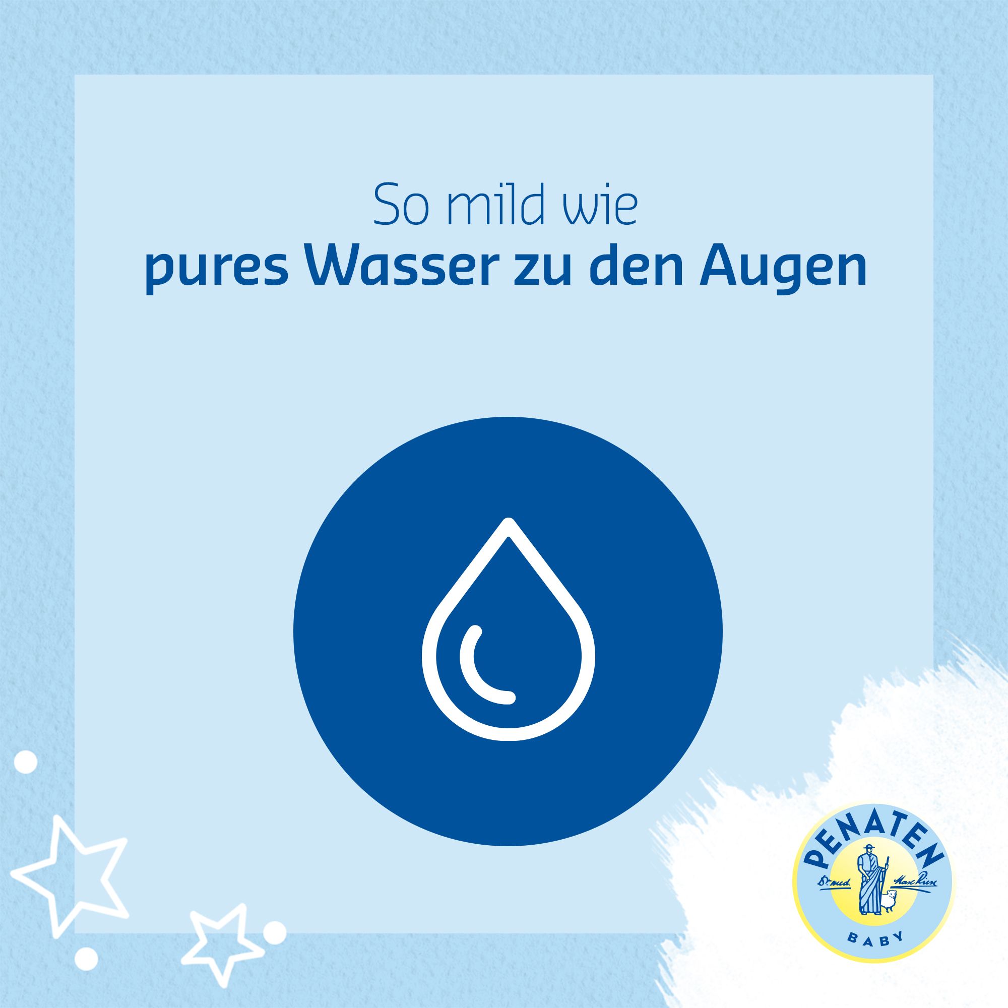 Fond bleu avec texte : Aussi doux que l'eau pure pour les yeux. Symbole de goutte. Logo PENATEN BABY.