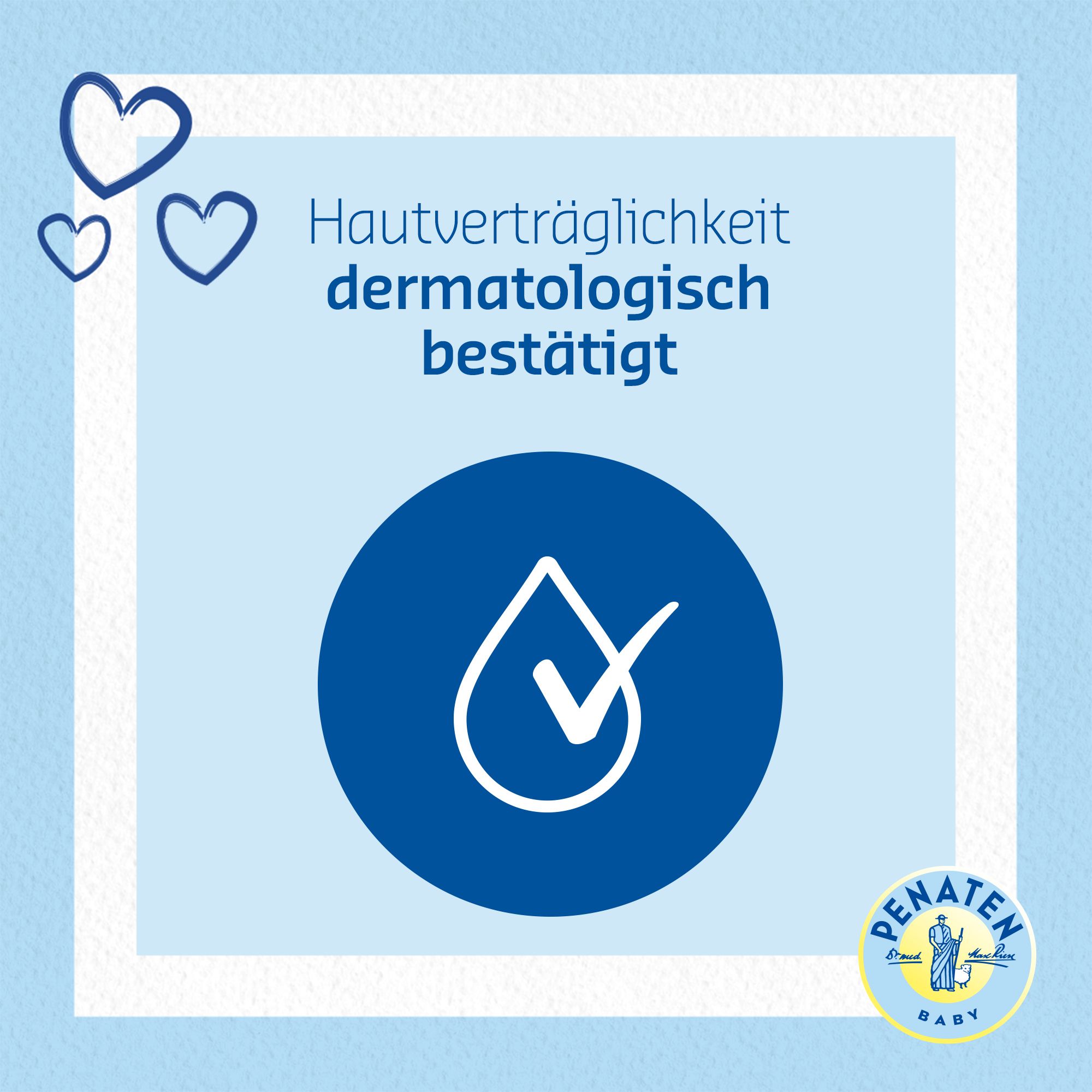 Fond bleu avec texte : Tolérance cutanée testée dermatologiquement. Symbole de goutte avec coche. Logo PENATEN BABY.