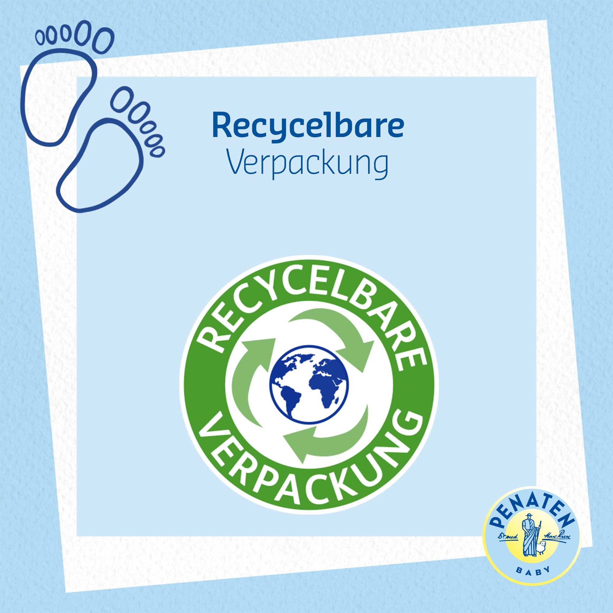 Fond bleu avec texte : Emballage recyclable. Logo : Symbole de recyclage avec globe. Logo PENATEN BABY.